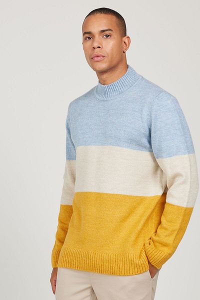 AC&Co / Altınyıldız Classics Pulover pentru bărbați, albastru-muștar, cu croială obișnuită, cu tricotaje moale cu textura moale, cu volane