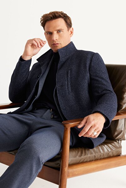 ALTINYILDIZ CLASSICS Men's Navy Blue Wool Standard Fit Regular Cut Stand Collar Patterned Overcoat
