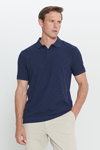 AC&Co / Altınyıldız Classics Men's Indigo Standard Fit Regular Cut Cotton Diamond Patterned Polo Collar T-Shirt