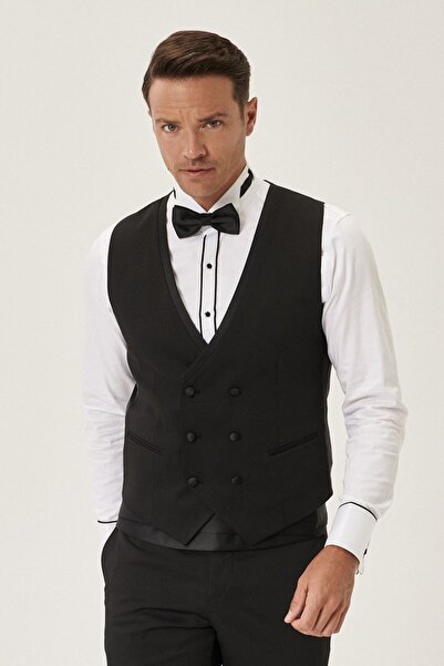 ALTINYILDIZ CLASSICS Men's Black Extra Slim Fit Slim Fit Vest Patterned Tuxedo Groom Suit