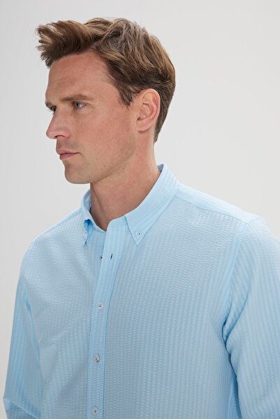 AC&Co / Altınyıldız Classics Tyrkysová košile Oxford Slim Fit - pružná, límeček na knoflíky, vzor Seersucker