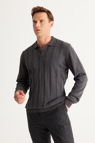 AC&Co / Altınyıldız Classics Men's Anthracite Melange Slim Fit Slim Fit Polo Collar Cotton Patterned Knitwear Sweater