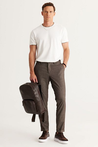 ALTINYILDIZ CLASSICS Ανδρικό καφέ Slim Fit Slim Fit Πλαϊνή τσέπη Tweet με σχέδιο κλασικό υφασμάτινο παντελόνι με ελαστική μέση
