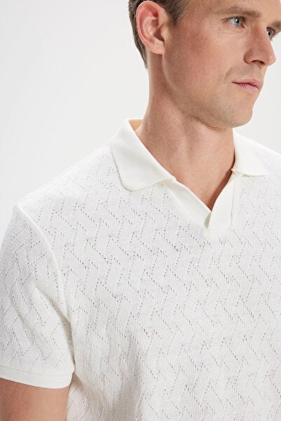 AC&Co / Altınyıldız Classics Pánské tričko Ecru Comfort Fit uvolněného střihu z bavlny s diamantovým vzorem Polo límec