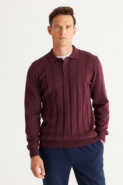 AC&Co / Altınyıldız Classics Men's Claret Red Slim Fit Slim Fit Polo Collar Cotton Patterned Knitwear Sweater