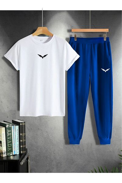 DUBU BUTİK Λευκό Σετ φόρμας Oversize - Crew Neck, Wing printed T-shirt και Saxs Bottom