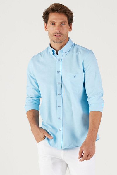 AC&Co / Altınyıldız Classics Men's Light Blue Slim Fit Slim Fit Button Collar Cotton Pocket Oxford Shirt