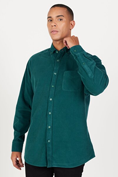 AC&Co / Altınyıldız Classics Ανδρικό πουκάμισο από βελούδινο γιακά με φαρδιά κουμπιά Comfort Fit σε σκούρο πράσινο χρώμα