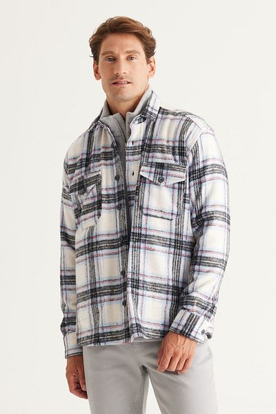 AC&Co / Altınyıldız Classics Pánská ecru modrá oversize bunda s volným střihem na knoflíky, kapesní kostkovaná dřevorubecká bunda se vzorem