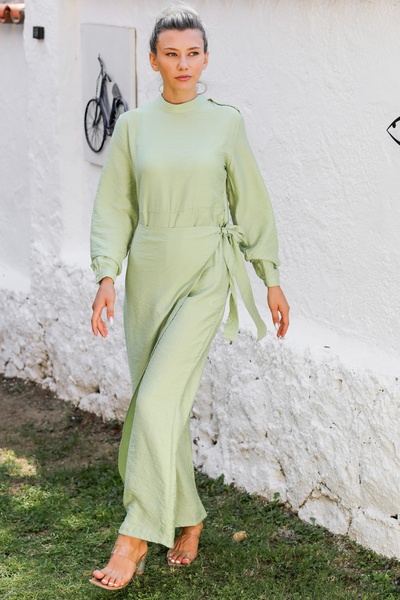 Chiccy Limon Küfü Rengi Hakim Yaka Uzun Kol Bağlamalı Dokuma Casual Tulum