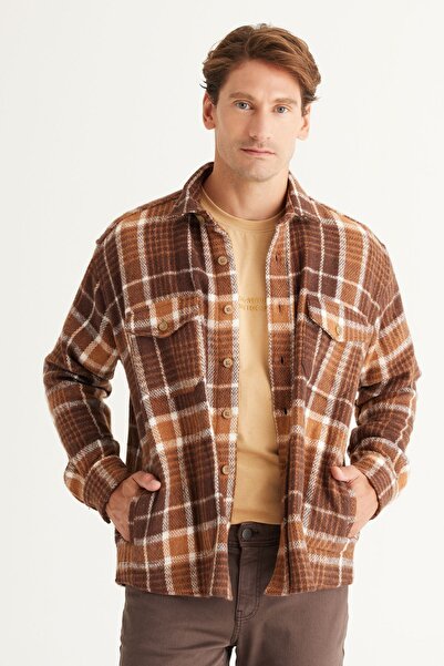 AC&Co / Altınyıldız Classics Ανδρικό χειμωνιάτικο μπουφάν πουκάμισο με χύμα μινκ-καφέ Oversize, καρό γιακά με κουμπιά