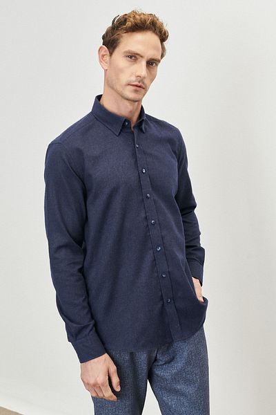 ALTINYILDIZ CLASSICS Marineblaues Slim-Fit-Flanell-Holzfällerhemd mit Knopfkragen für Herren