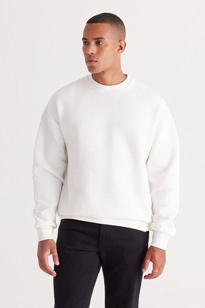 AC&Co / Altınyıldız Classics Pánská bavlněná mikina Ecru Loose Fit 3 Thread Crew Crew s fleecem uvnitř