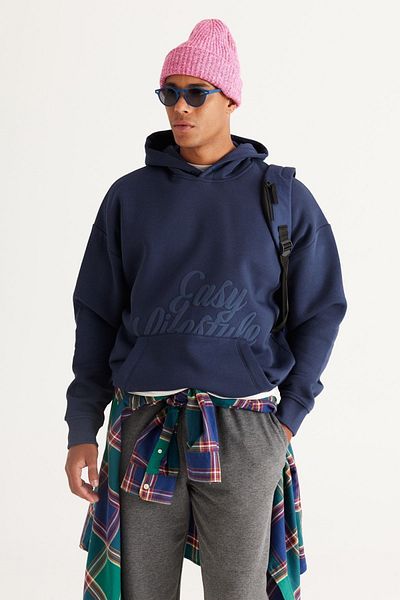 AC&Co / Altınyıldız Classics Ανδρικό φούτερ Indigo Oversize Loose Cut με κουκούλα 3 κλωστών με στάμπα με φλις μέσα