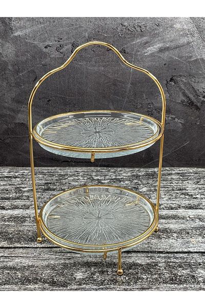 YzHome 2 Layer Gold Gilded Cookie Holder Presentation GLASS Pastry Plate Round 16cm