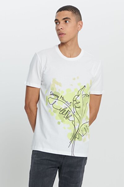 AC&Co / Altınyıldız Classics Ανδρικό λευκό τυπικό μπλουζάκι με κανονική εφαρμογή 100% βαμβακερό και απαλή υφή με στάμπα με λαιμόκοψη