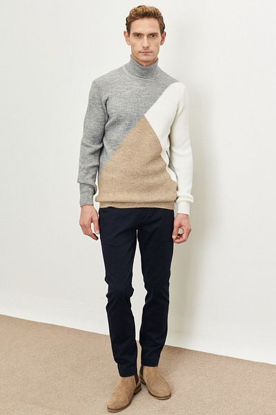 ALTINYILDIZ CLASSICS Men's Beige-gray Standard Fit Regular Cut Full Turtleneck Ruffled Soft Textured Knitwear Sweater
