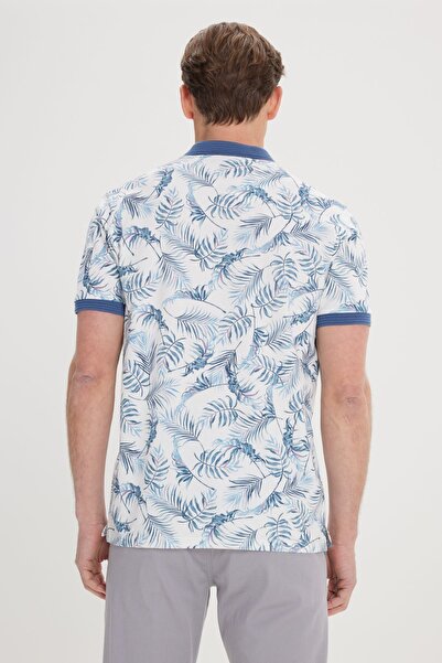 ALTINYILDIZ CLASSICS Мъжка бяла индигова тениска Slim Fit 100% памук с щампа с поло яка