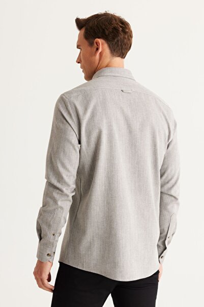 ALTINYILDIZ CLASSICS Erkek Haki Slim Fit Dar Kesim Gizli Düğmeli Yaka Pamuklu Armürlü Gömlek