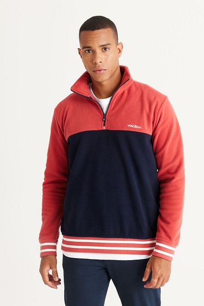 AC&Co / Altınyıldız Classics Marineblau-korallenrotes Standard-Fleece-Sweatshirt mit normalem Schnitt und gemustertem Bato-Kragen für Herren