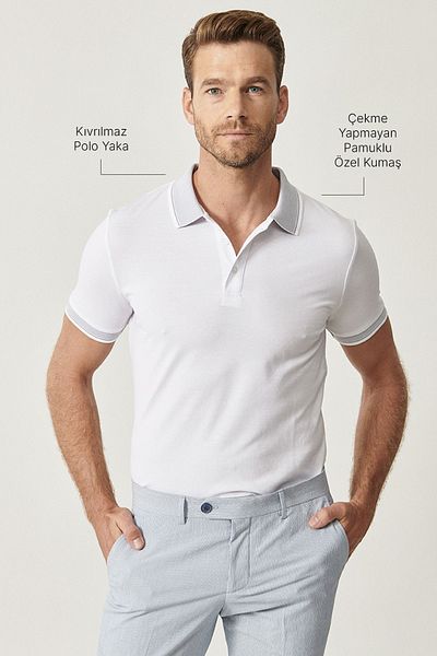 AC&Co / Altınyıldız Classics Λευκό μπλουζάκι Polo Collar Slim Fit - Ανδρικό, Βαμβακερό ύφασμα που δεν συρρικνώνεται