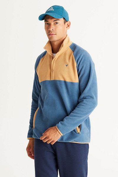AC&Co / Altınyıldız Classics Indigo-Karamell-Fleece-Sweatshirt mit Standard-Passform und normalem Schnitt und gemustertem Bato-Kragen für Herren