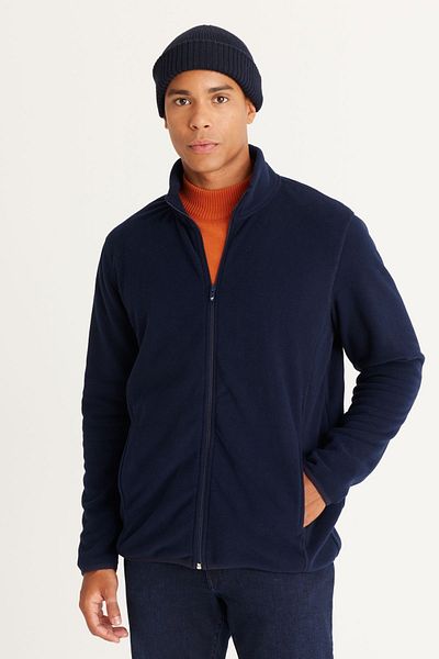 AC&Co / Altınyıldız Classics Marineblaue Anti-Pilling-Sweatshirt-Fleecejacke für Herren mit Standard-Passform und Stehkragen