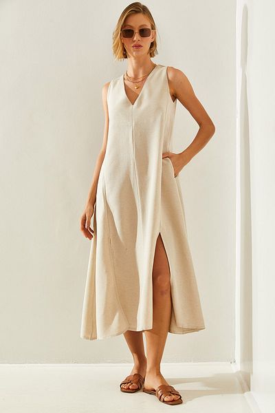 Bianco Lucci Φόρεμα V-Neck Slit Fr033 Basic Linen - με τσέπη,60251435