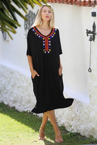 Chiccy Round Neck Black Embroidered Knitted Casual Dress - Short Sleeve and Pocket
