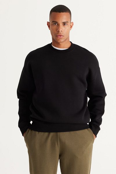 AC&Co / Altınyıldız Classics Pánská černá mikina oversize střih volného střihu bavlněný fleece uvnitř 3 vlákna s výstřihem