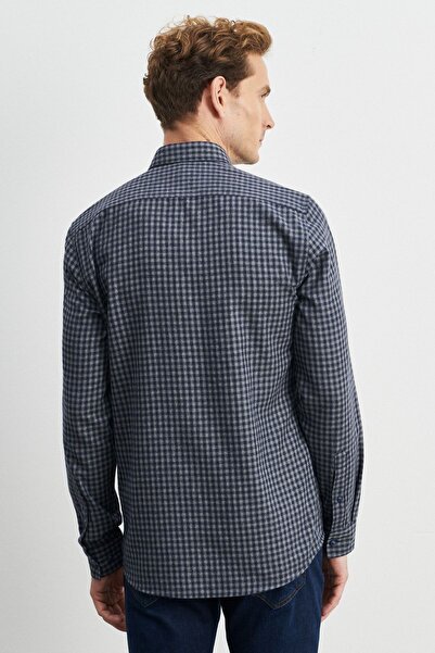 ALTINYILDIZ CLASSICS Erkek Lacivert-gri Slim Fit Düğmeli Yaka Pötikareli Flanel Oduncu Gömlek