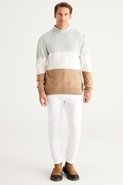 AC&Co / Altınyıldız Classics Men's Grey-camel Standard Fit Normal Cut Half Turtleneck Ruffled Soft Textured Knitwear Sweater