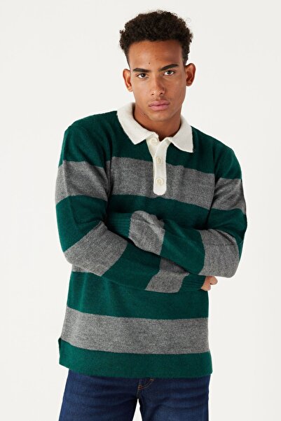 AC&Co / Altınyıldız Classics Ανδρικό πλεκτό πουλόβερ με μαλακή υφή, κανονική κοπή με λαιμόκοψη πόλο με ριγέ ανασηκωμένο