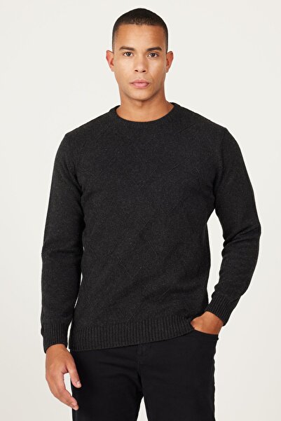 AC&Co / Altınyıldız Classics Men's Anthracite Wool Standard Fit Regular Cut Crew Neck Jacquard Knitwear Sweater