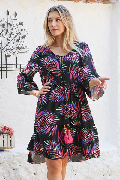 Chiccy Fuchsia-Black Pool Collar Ruffle Dress - Tassel Allover Printed, Casual Cut