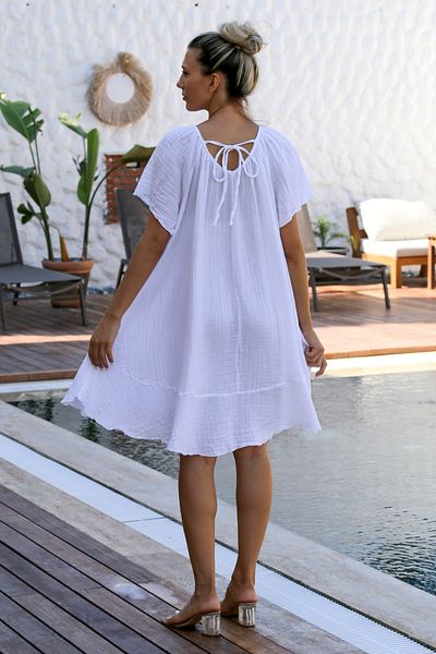 Chiccy Carmen Collar Λευκή Φούστα με βολάν με χαμηλό μανίκι Casual μουσελίνα φόρεμα
