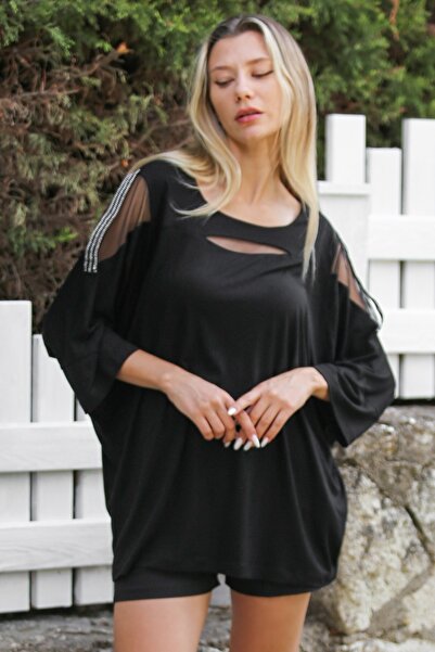 Chiccy Casual μαύρη πλεκτή μπλούζα - λαιμόκοψη πισίνας, μανίκια νυχτερίδας, λ...