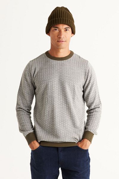 ALTINYILDIZ CLASSICS Grau-khakifarbener, pillingfreier Strickpullover mit normaler Passform und normalem Schnitt und Rundhalsausschnitt für Herren