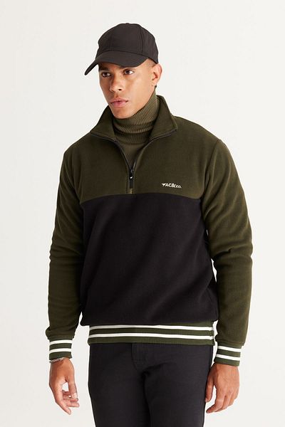 AC&Co / Altınyıldız Classics Khaki-schwarzes Standard-Fit-Fleece-Sweatshirt mit normalem Schnitt und gemustertem Bato-Kragen für Herren