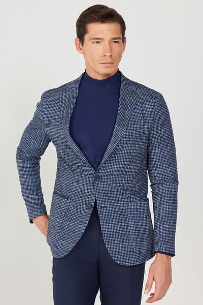 ALTINYILDIZ CLASSICS Erkek Lacivert-beyaz Kırışmaz Katlanabilir Magic Fit Mono Yaka Kazayağı Desenli Travel Ceket