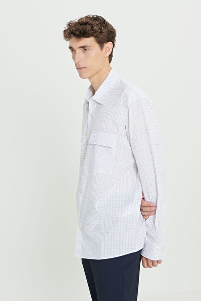 AC&Co / Altınyıldız Classics Λευκό-Μπλε 100% βαμβακερό ανδρικό πουκάμισο oversize - Κλασικός γιακάς, καρό σχέδιο
