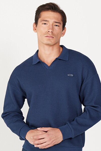 AC&Co / Altınyıldız Classics Pánská žakárová mikina s polo límečkem v námořnické modré volné střihu