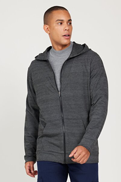 AC&Co / Altınyıldız Classics Erkek Siyah-gri Standart Fit Normal Kesim Kapüşonlu Fermuarlı Sweatshirt Ceket
