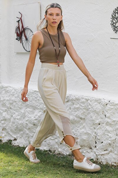 Chiccy Beige Woven Elastic Waist Jogger Leg - Casual Trousers with Pockets and Mesh Detail