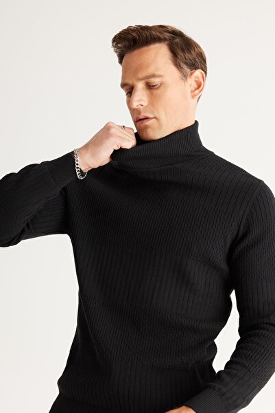 AC&Co / Altınyıldız Classics Men's Black Standard Fit Regular Cut Full Turtleneck Cotton Jacquard Knitwear Sweater