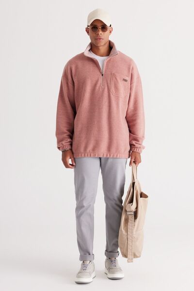 AC&Co / Altınyıldız Classics Férfi Dusty Rose Melange laza szabású polár cérna, álló, bato galléros pamut pulóver