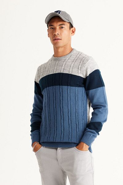 AC&Co / Altınyıldız Classics Herren-Strickpullover in Grau Melange-Indigo, Standard-Passform, regulärer Schnitt, Rundhalsausschnitt, Colorblok-Muster
