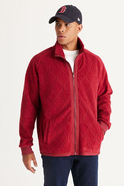 AC&Co / Altınyıldız Classics Herren-Sweatshirt aus Jacquard-Fleece in Burgunderrot mit lockerem Schnitt und Stehkragen