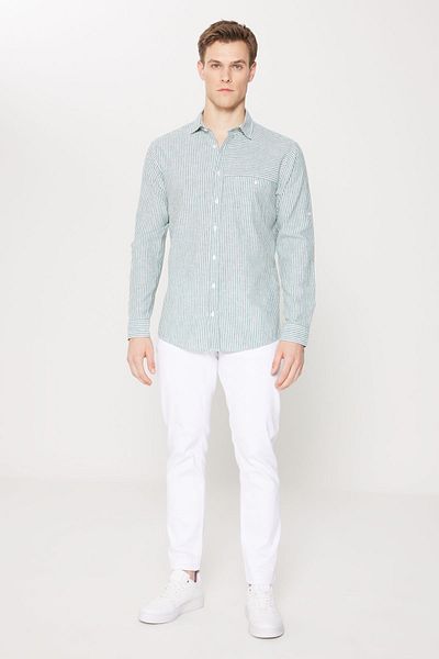 AC&Co / Altınyıldız Classics Green-Ecru Linen Comfort Fit - Ανδρικό πουκάμισο με ριγέ κλασικό γιακά με χαλαρή εφαρμογή