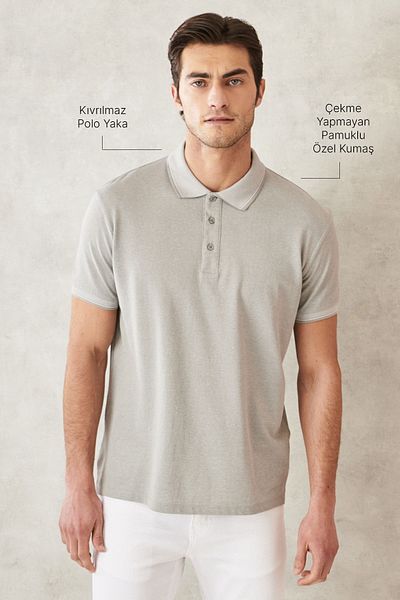 AC&Co / Altınyıldız Classics Graues Slim Fit-T-Shirt aus Baumwolle mit Polokragen für Herren – läuft nicht ein und rollt sich nicht auf